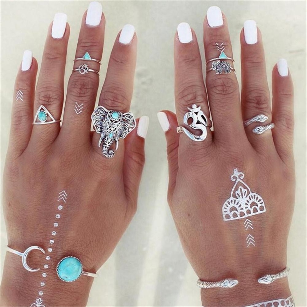 Bohemian Elephant Silver Ring Set 8 pcs